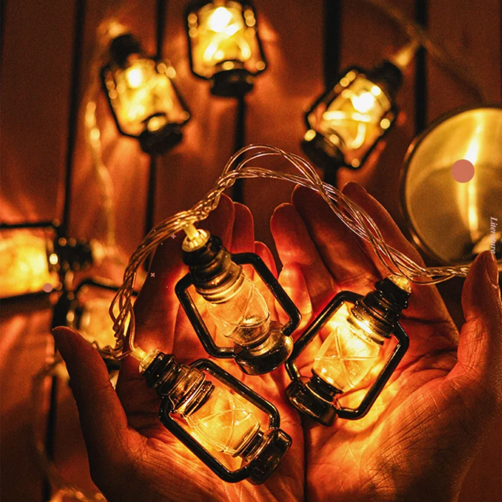 10LED Kerosene Oil Lamp Retro Nostalgic String Lights Camping Halloween Xmas Decorative Lights Room Bed Night Atmospheric Light