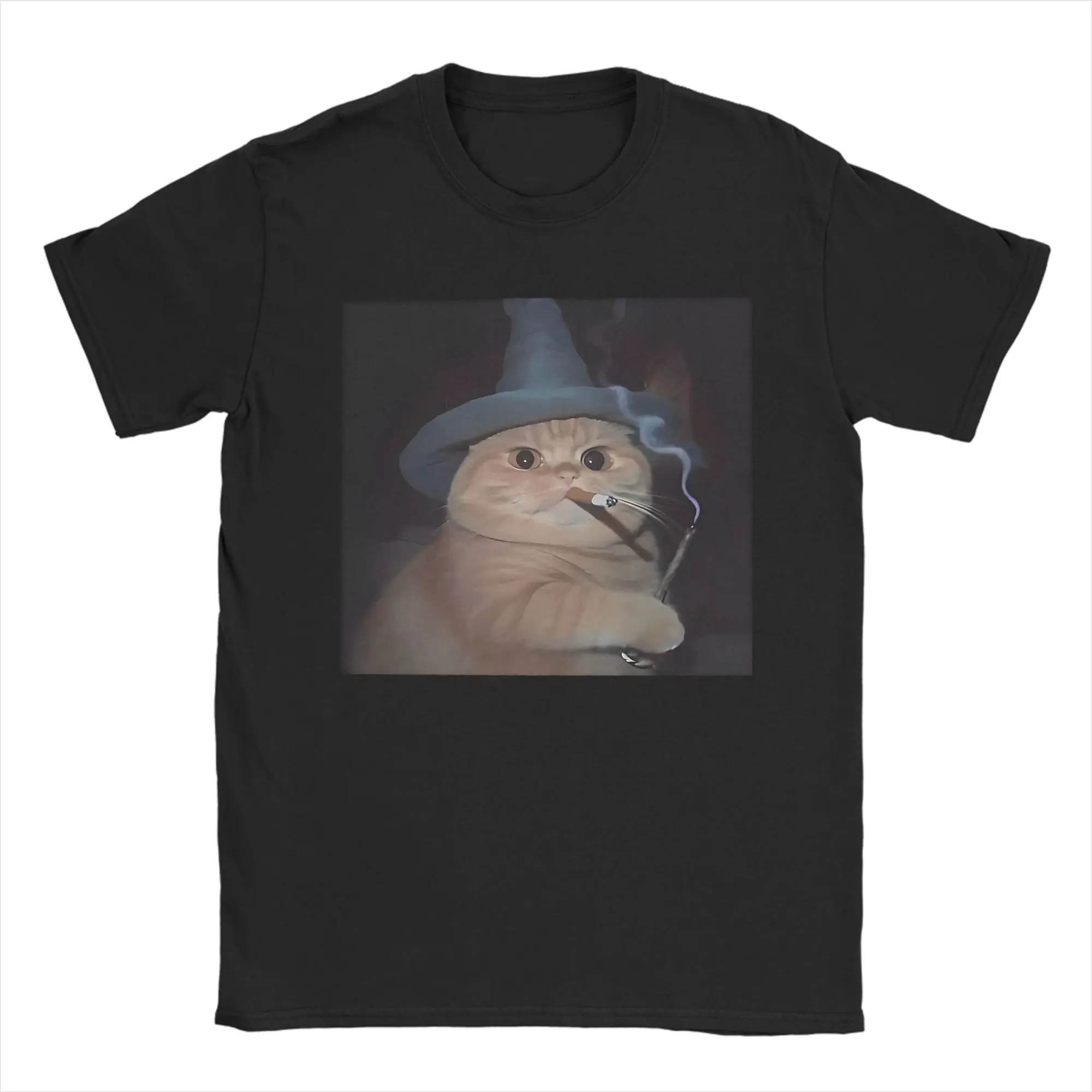 Smoking Wizard Cat T-Shirt Men Women Cigarette Halloween Kitty Cool 100% Cotton Tee Shirt Short Sleeve T Shirt Gift Idea Clothes