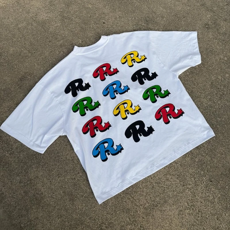

Y2K pure white round neck T shirt oversized letter printed street style graphic shirts fast drying cotton hip hop unisex tops