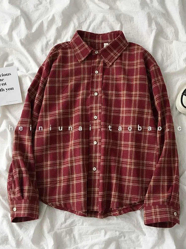 Red Plaid Women Shirts Autumn Loose Vintage Long Sleeve Button Up Female Shirts All Match Casual Turn Down Collar Tops New