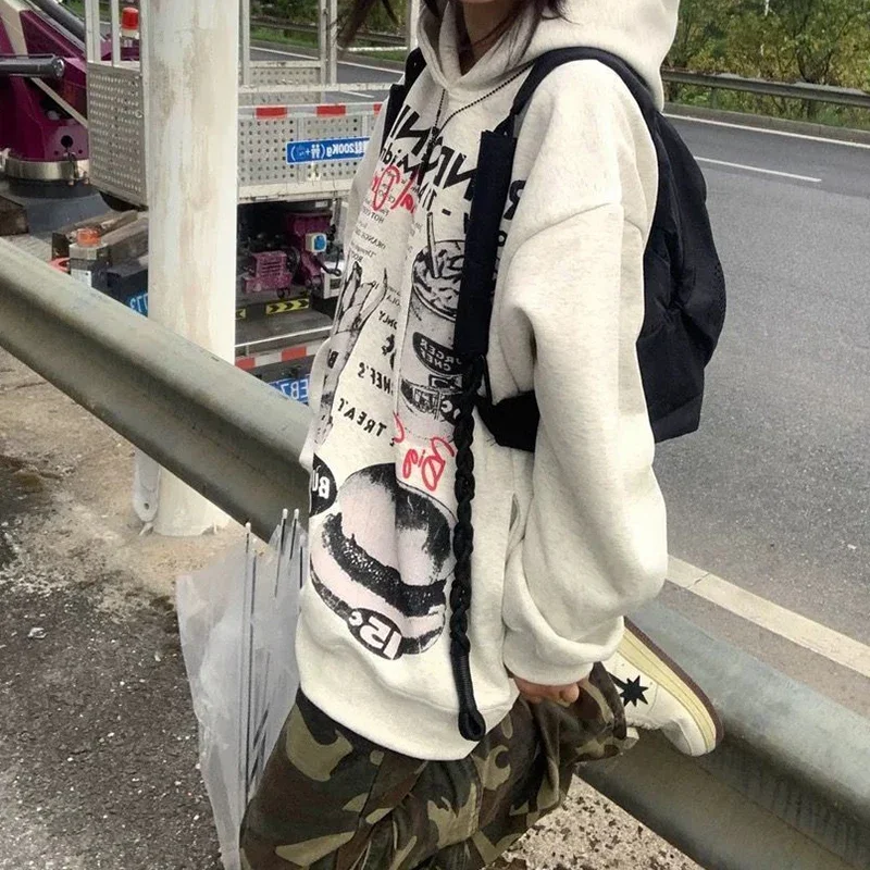 American retro Hamburg French fries hooded sweater women's autumn and winter new loose casual fashion print hoodie sweatshirt