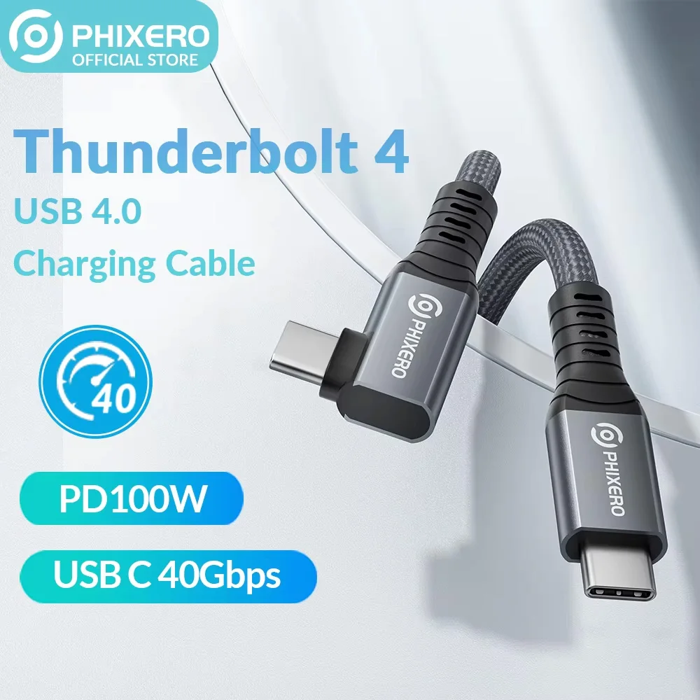 

PHIXERO Thunderbolt 4 USB4.0 Cable, 40Gbps 100W PD 8K@60Hz Right Angle Type-C Cable, 0.3m/0.8m/2m Optional