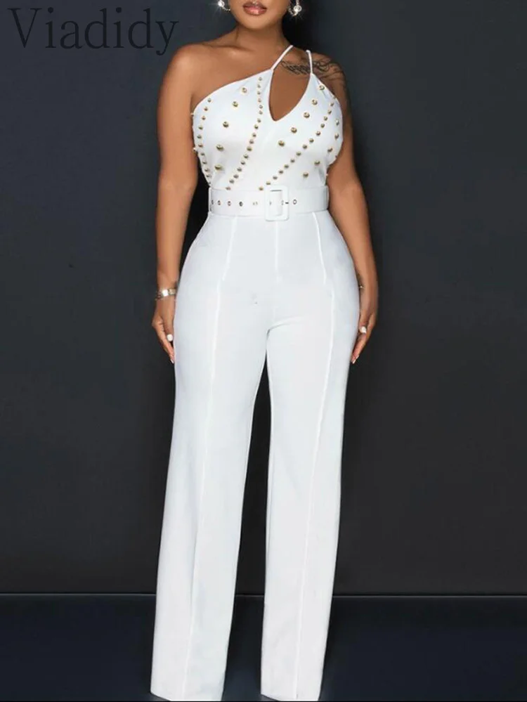 

Women Sexy Solid Color One Shoulder Sleeveless Cutout Studded Straight Jumpsuit