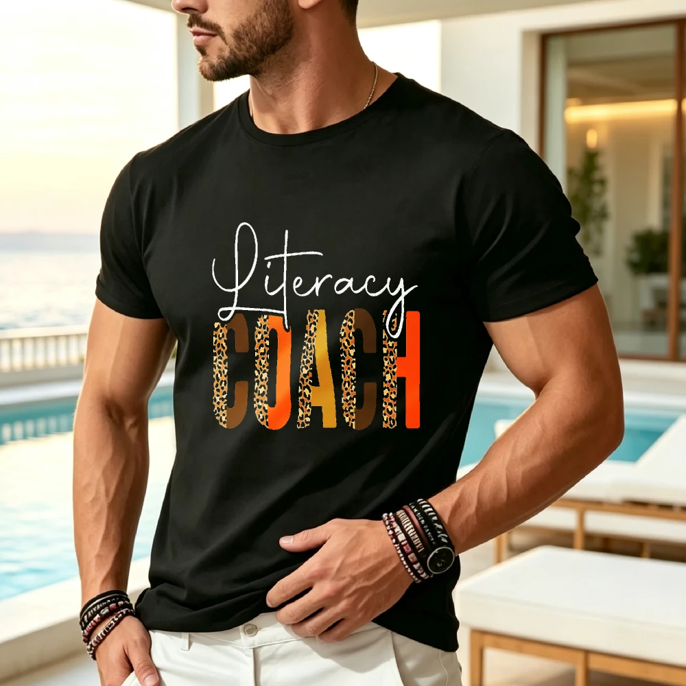 Autumn-Themed Literacy Coach Shirt Featuring a Thanksgiving Leopard Design Available in Matching Styles for Both Men And Women This 2025 Summer Short-Sleeved Printed T-Shirt Is Made of Pure 220