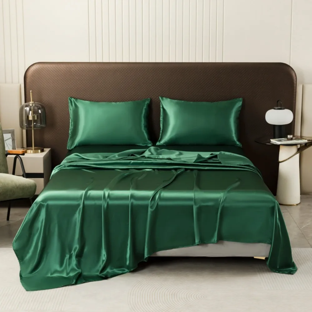 

3pcs/set Silky Satin Bed Sheet Sets Smooth Solid Color Top Sheet Set Dustproof Ice Cooling Mattress Protector B&B