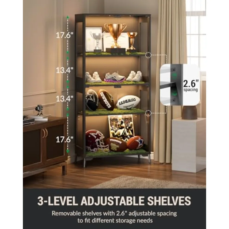 Glass display cabinet with doors for collectibles and books, black metal base, 4-tier adjustable shelves, RGB LED lights contro view 6