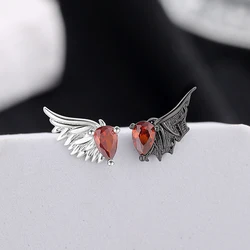 PANJBJ 925 Sterling Silver Red Zircon Studs Earring For Women Neo-Gothic Punk Wing Feather Angel Devil Jewelry Gift Dropshipping