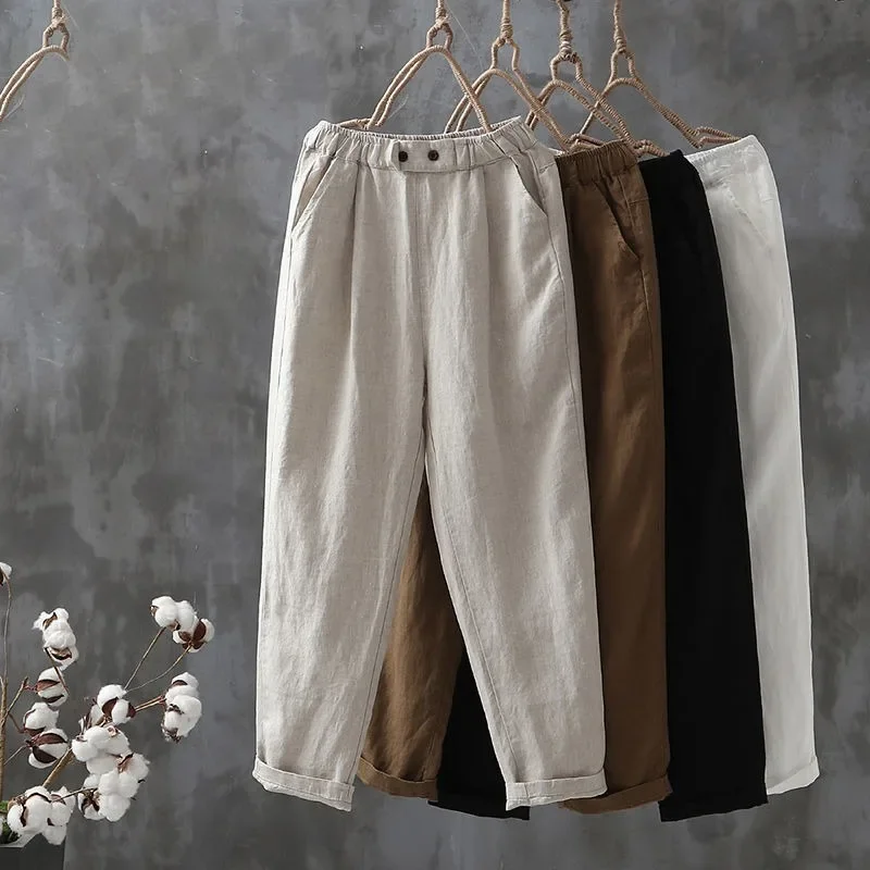 

Cotton Linen Pants Women Spring Summer Ankle-Length Trousers Female Elastic Waist Casual Loose Solid Harem Pants Capri