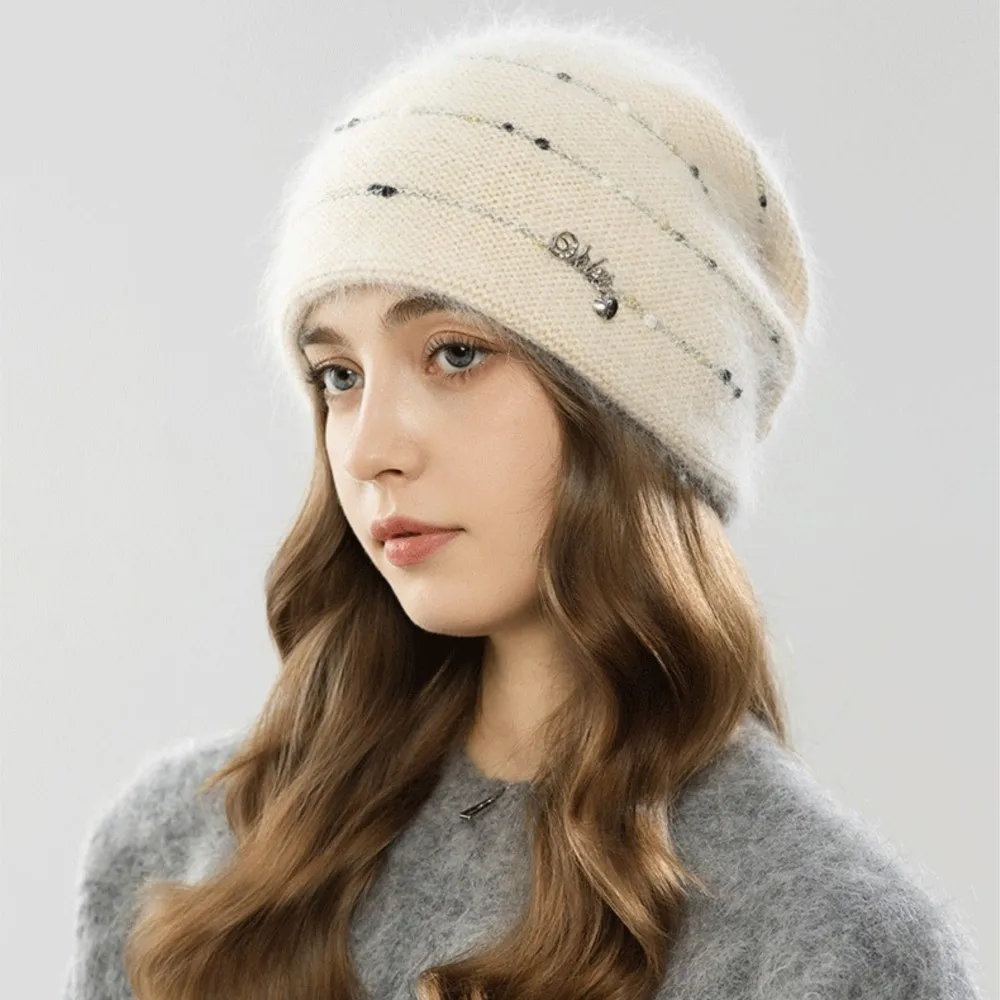 Adults Winter 60% Rabbit Fur Knit Beanie Hat Thermal Ear Protection Slouchy Skull Cap Warm Soft Fluffy Windproof Women
