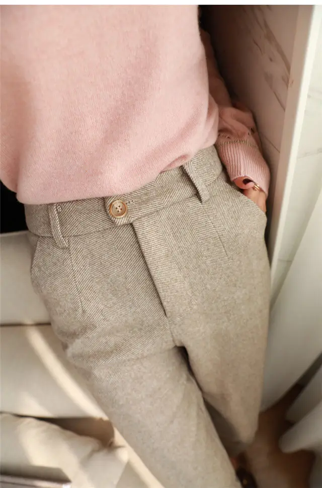 Wool Woolen Harem Trousers Women's Autumn and Winter New High Waist Slimming Ankle-Tied Suit Pants Loose Casual Cigarette Pants