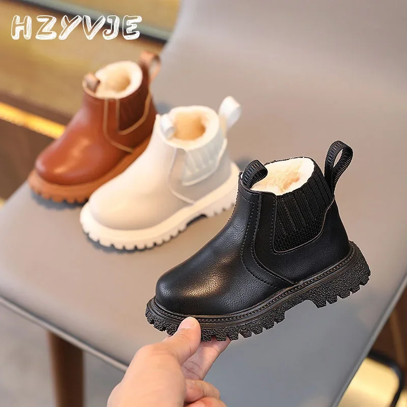 Winter New Kids Thick Plush Warm Boots Side Zipper PU Leather Waterproof Snow Boots Boys Girls Non-slip Plush Cotton Shoes