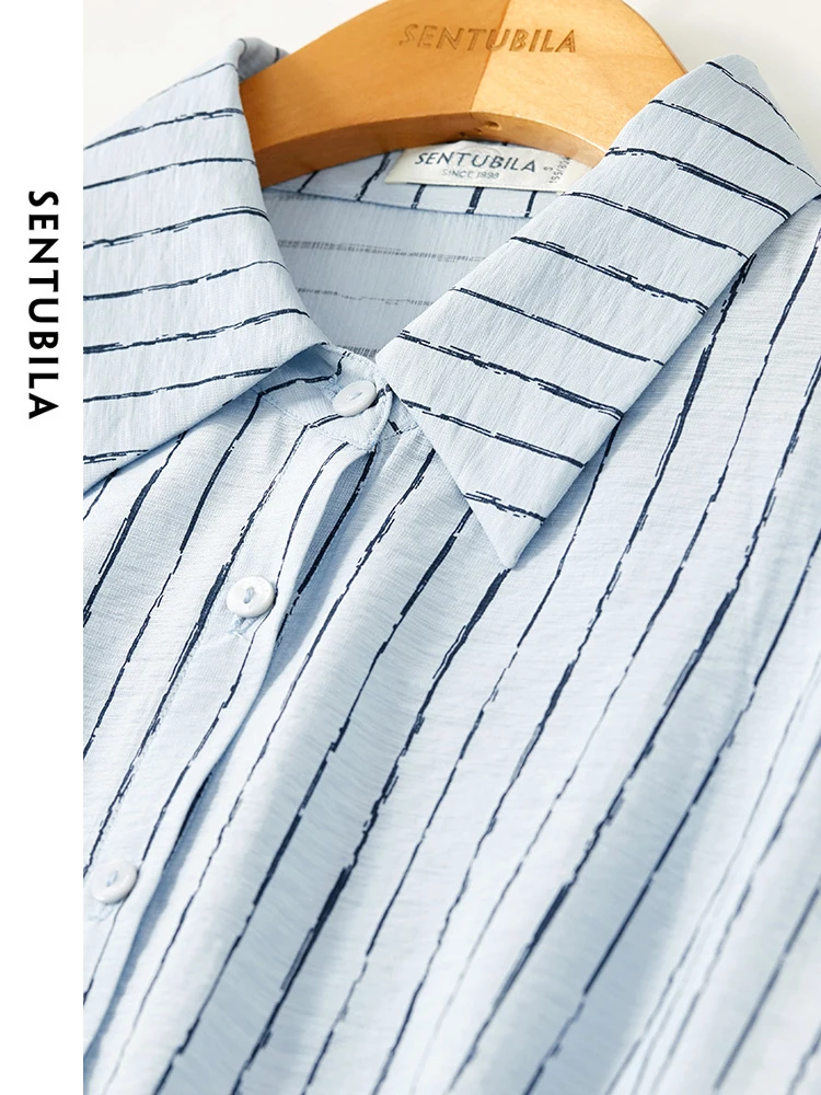 SENTUBILA Contrast Striped Thin Loose Button Up Shirt 2024 Spring Fashion Split Polo Collar Blouse Woman Clothing 141C53353