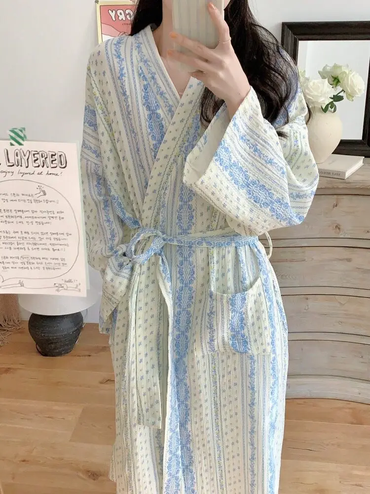 Sweet, Fresh, And Retro Striped Floral Nightgown and Pajamas for Women: Long-Sleeve Bathrobe and Loungewear for Spring and Fall image 6