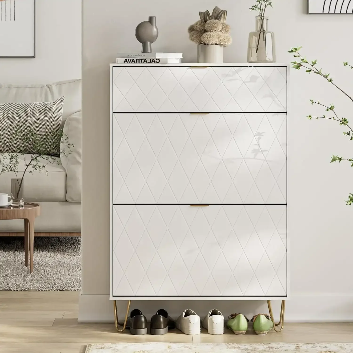 Shoe Storage Cabinet, Shoe Cabinet with 2 Flip Drawers Entryway Shoe Storage Freestanding Organizer Cabinet Diamond White