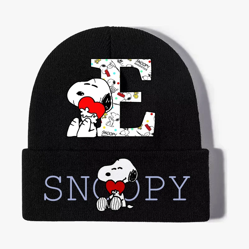 Snoopy Knitted Hat Cute Letter A-Z Printed Women Men Autumn Winter Elastic Cartoon Anime Personality Design Beanies Caps Gifts