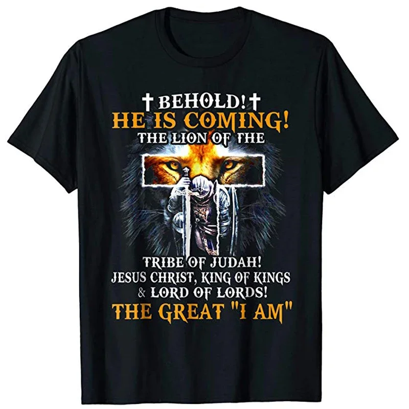 

Behold He Is Coming. The Lion of The Tribe of Judah Jesus Christ T-Shirt. Premium Cotton Short Sleeve O-Neck Mens T Shirt New