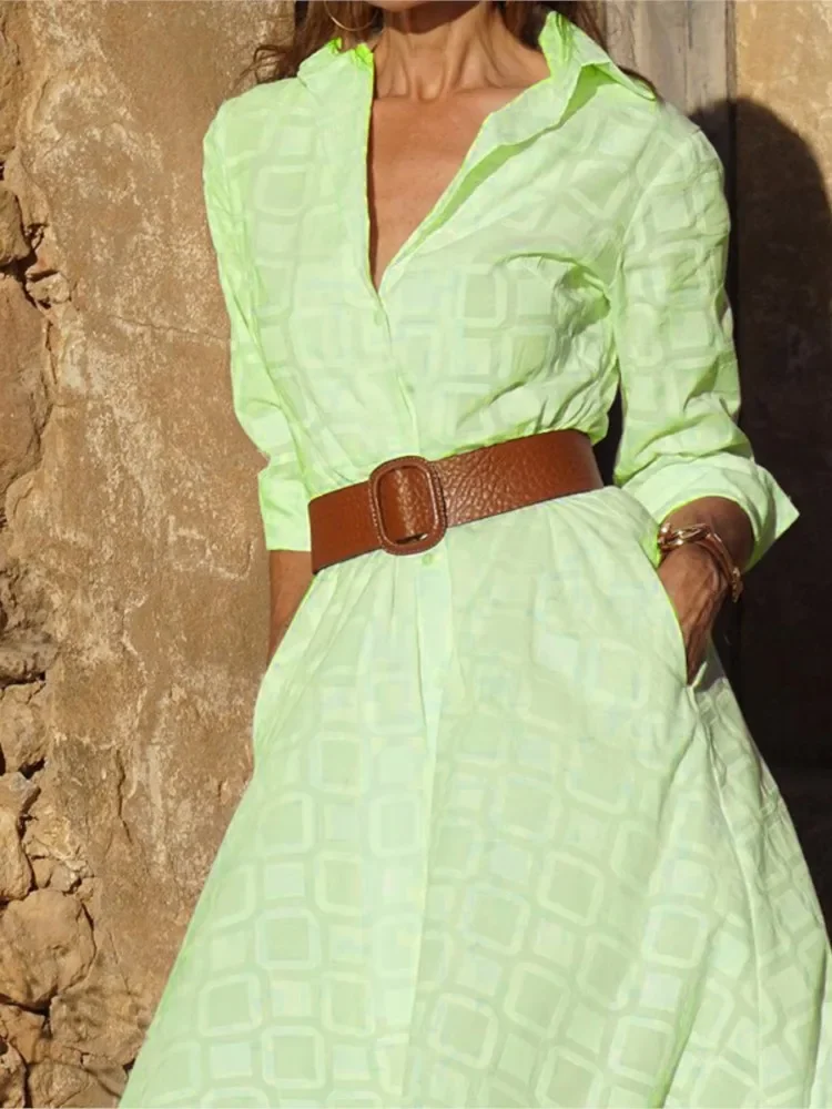 Otoño Invierno nueva moda mujer dibujo a cuadros medio largo camisa de un solo pecho vestido Casual de manga larga con bolsillos