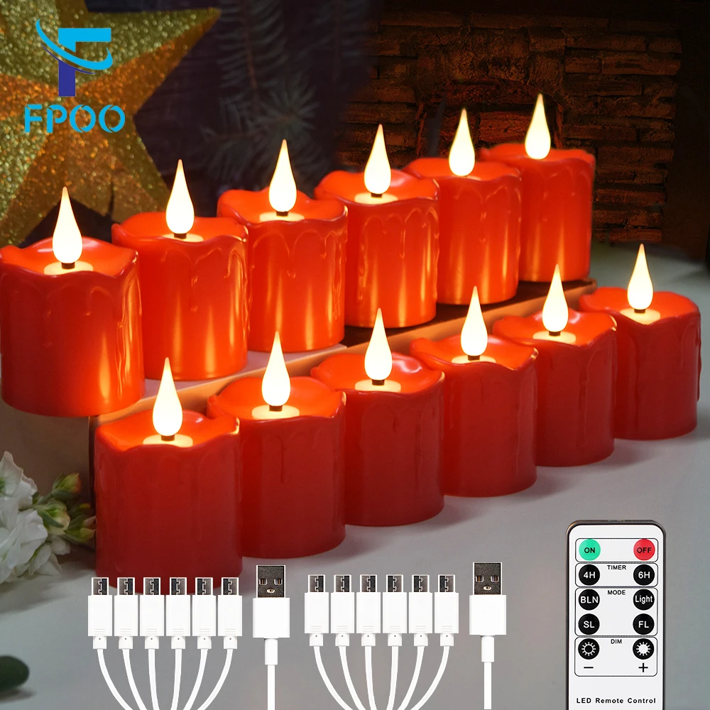 FPOO-Conjunto de velas eletrônicas recarregáveis, LED Tealight, Timing remoto, Vermelho, Vela votiva amarela, Impermeável, Decoração para casa, Ao ar livre