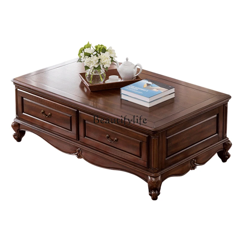 

High-end American-style Solid Wood Side Table Living Room Coffee Table Square Small Coffee Table with Drawer