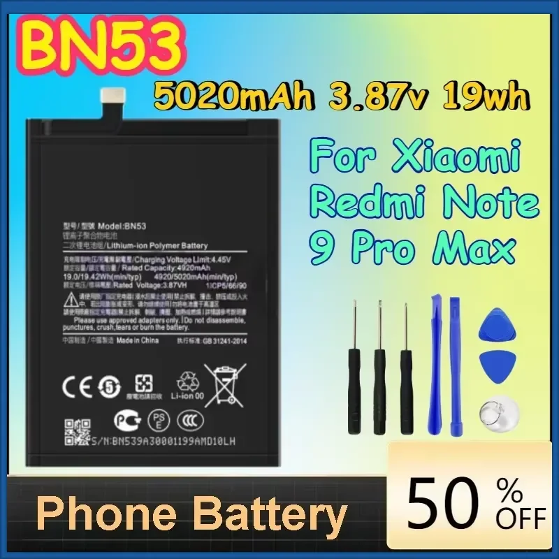BN53 5020mAh 3.87v 19wh Battery for Xiaomi Redmi Note 9 Pro Max Phone Battery + Free Tools