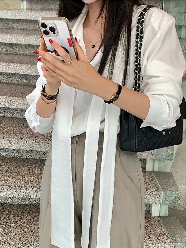 

Chic Sa Women's irt Loose Slimming Simple Sweet Youthful Chiffon Long Sve Padded oulder Top Trendy Commute Sle