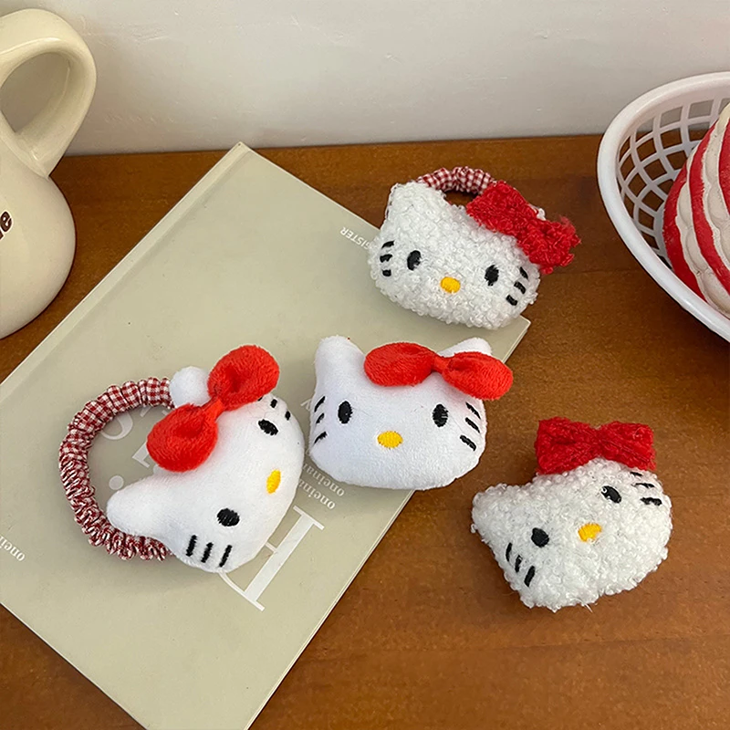 Sanurgente-Barrettes en peluche mignonnes pour filles, cravates élastiques, épingle à cheveux de dessin animé Kawaii, accessoires de mode, Hello Kitty, doux, cadeau