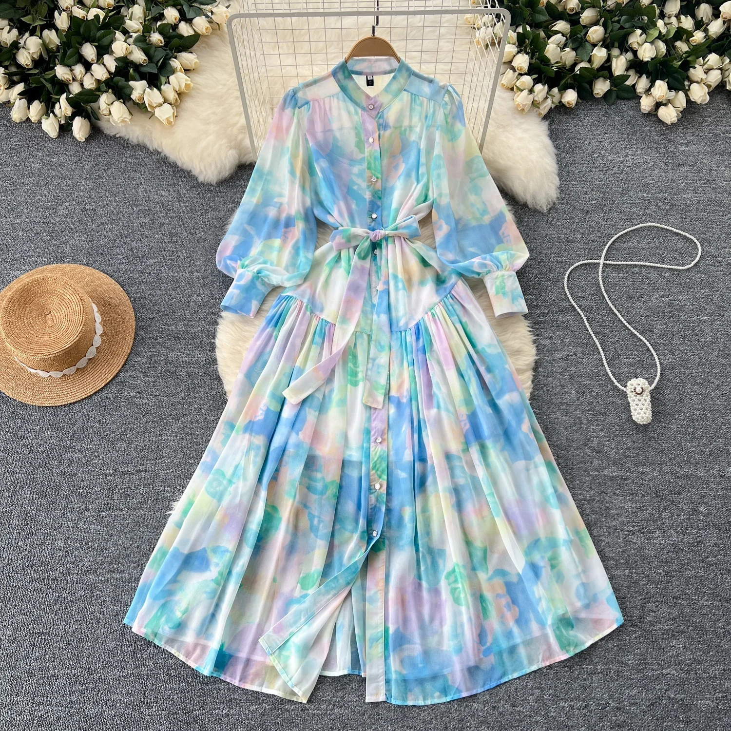 Clothland Women Elegant Print Chiffon Midi Dress Sashes Long Sleeve A Line One Piece Female Chic Mid Calf Dresses Mujer QD805