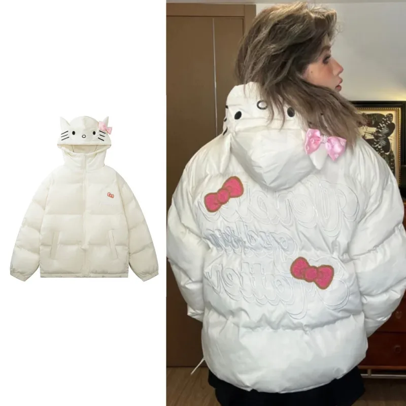 MINISO Hooded Hellokitty Y2k Cotton Coats Girls Kitty Ear Decor Kawaii Zipper Jacket Cute Cartoon Warm Oversized Coats For Women