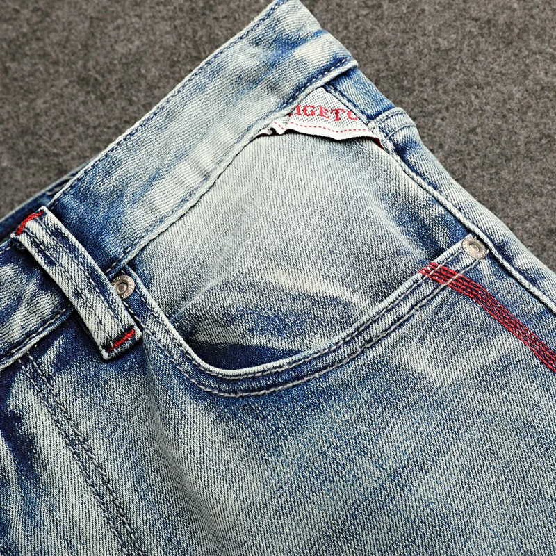 

Fashionable new light blue men's jeans, washed with water, nostalgic stretch, slim fit jeans, designer pants, Y2K