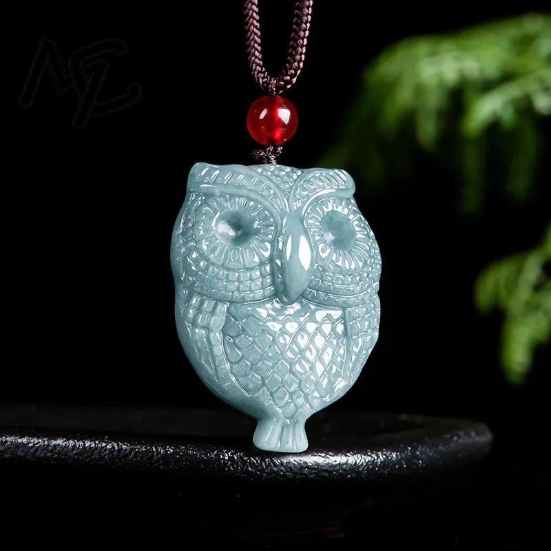 Burmese Jade Blue Water Owl Bird Pendant Natural Vintage Jewelry Pendants Necklaces Jadeite Carved Talismans Emerald