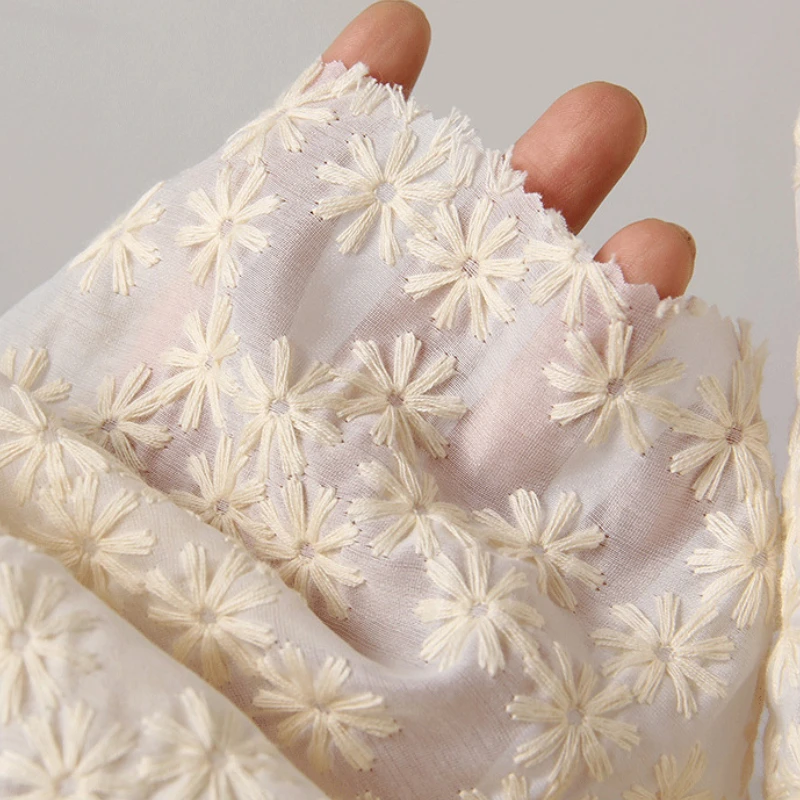 

Beige Daisy Flower Embroidery Chiffon Fabric for Dressmaking, Curtains, Table Runners, and Home Decor