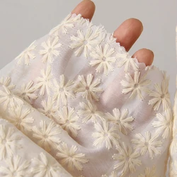 Beige Daisy Flower Embroidery Chiffon Fabric for Dressmaking, Curtains, Table Runners, and Home Decor