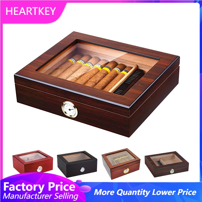 

Cigar Humidor Luxury Tempered Glass Top Display Custom Packaging Wood Humidor Cigar Tobacco Case Box With Hygrometer