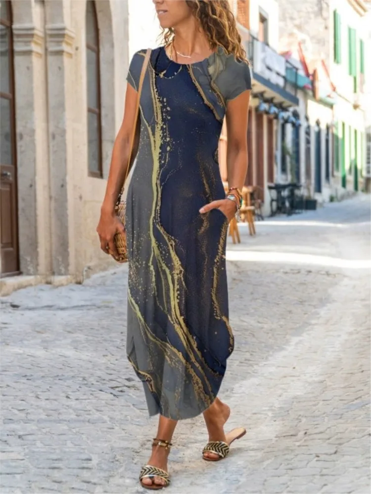 

New Summer Women's Round Neck Pocket Short Sleeved Fashionable Printed Casual Irregular Long Dress