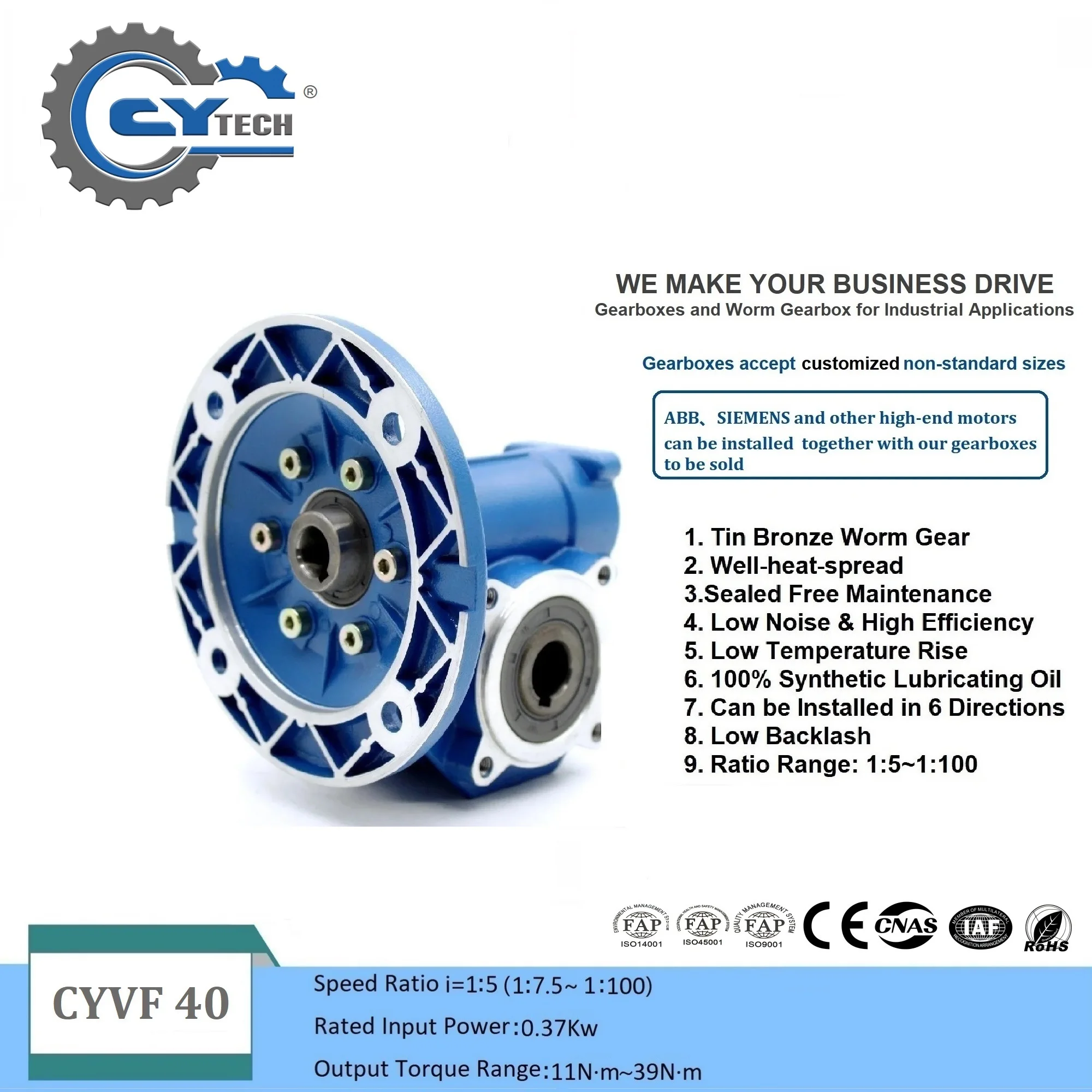 

CHENYUE High Torque CNC Worm Gearbox NMVF 40 CYVF 40 Input 14/11mm Output 18mm Ratio 5:1/100:1 Tin Bronze Free Maintenance