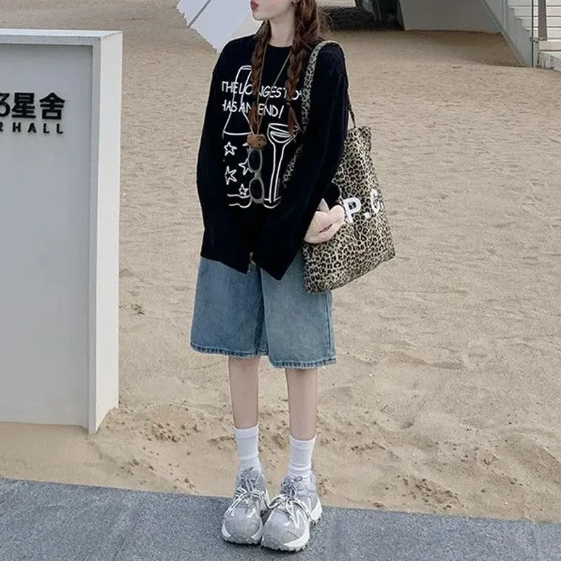 

Vintage American Printed Letter Casual Pullovers Spring Autumn New Long Sleeve Women's Clothing Round Neck Young Style T-shirts