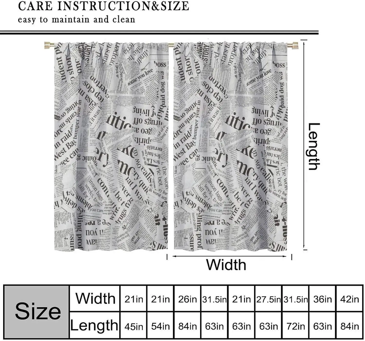 Retro Monochrome Newspaper Print Curtains 2 Panels, Vintage Folded News Text Typography Collage Drapes for Modern Study Cafe