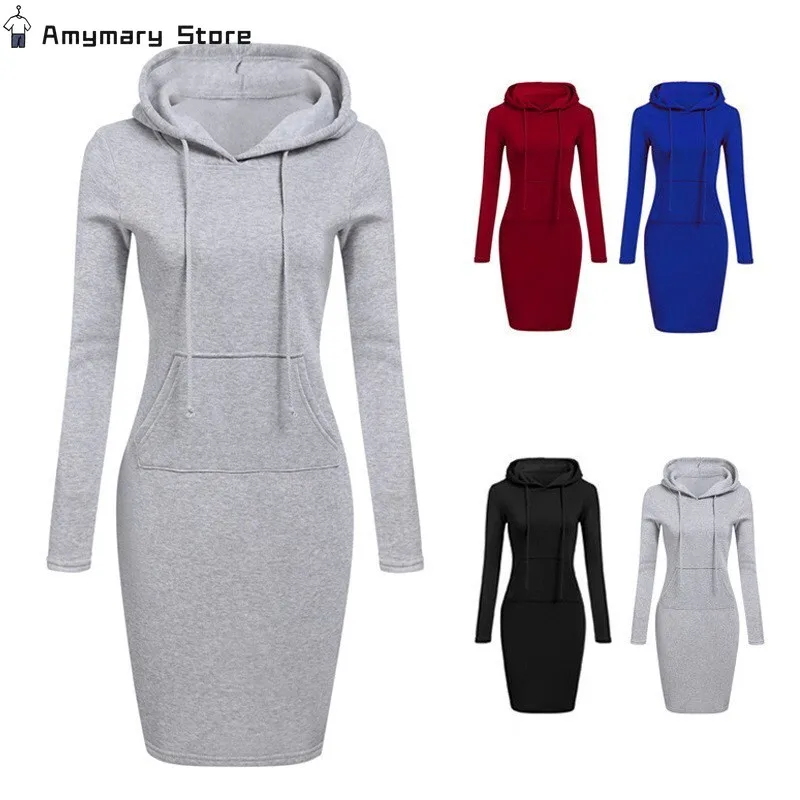 

New Women's Long-sleeved Hooded Sweatshirt Dress Solid Color Casual Mid-length Dress with Pocket Slim Tunic Pullover Dress Top