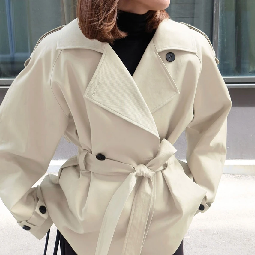 

Linad винтажное бежевое пальто на шнуровке для женщин, уличные шикарные куртки с зубчатым воротником, осень 2021, модная верхняя одежда с длинными рукавами, женская