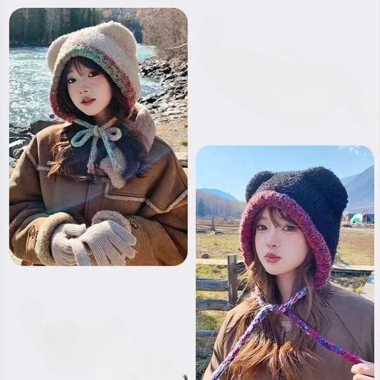 Cute Beanies Hat Teddy Fleece Bear Ears Straps Knitted Pullover Hat Winter Warm Big Beanies Circumference Ear Protector Wool Hat