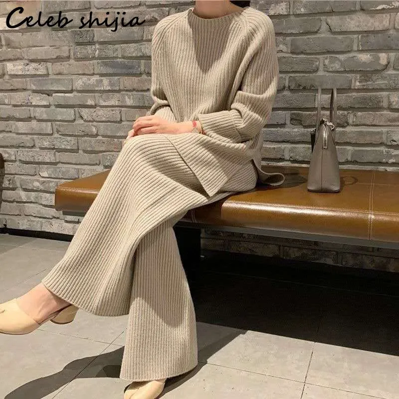 

New Autumn Khaki 2 Piece Sets Woman Elegant Loose Sweater + Wide Leg Pants Korean Long Sleeve Oversized Pants Sets Female Winter