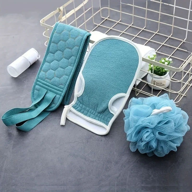 

3-piece shower exfoliating set, shower ball, shower gloves, exfoliating shower towel, shower back cleaner
