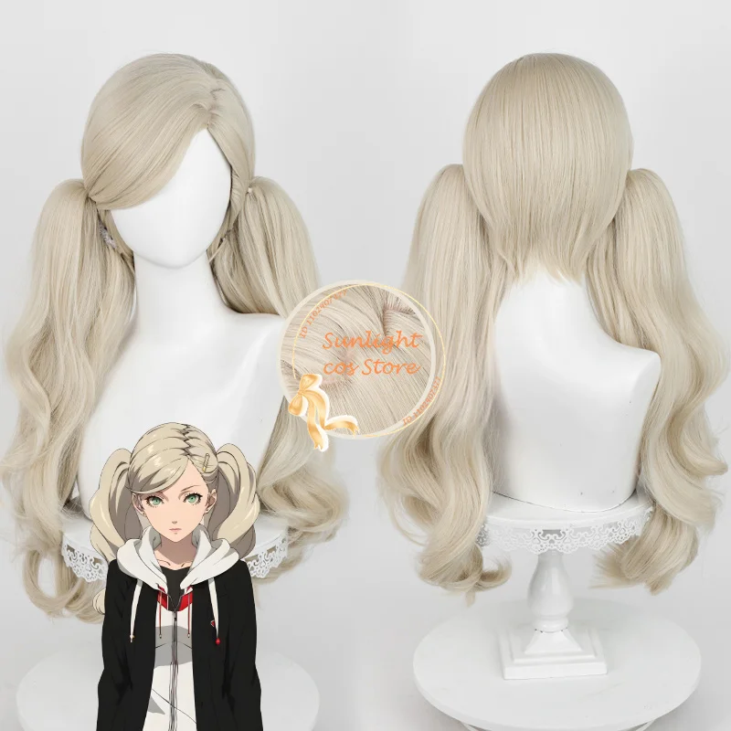 P5 Ann Takamaki Cosplay Wig 58cm Long Linen Golden Ponytails Hair Heat Resistant Synthetic Wigs Halloween Cospaly Anime Wigs