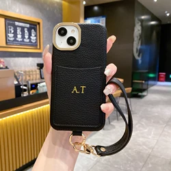 Personalized Name Leather Phone Case for iPhone 15 14 13 12 11 Pro Max Plus Card Holder Gold Letters Custom Cover