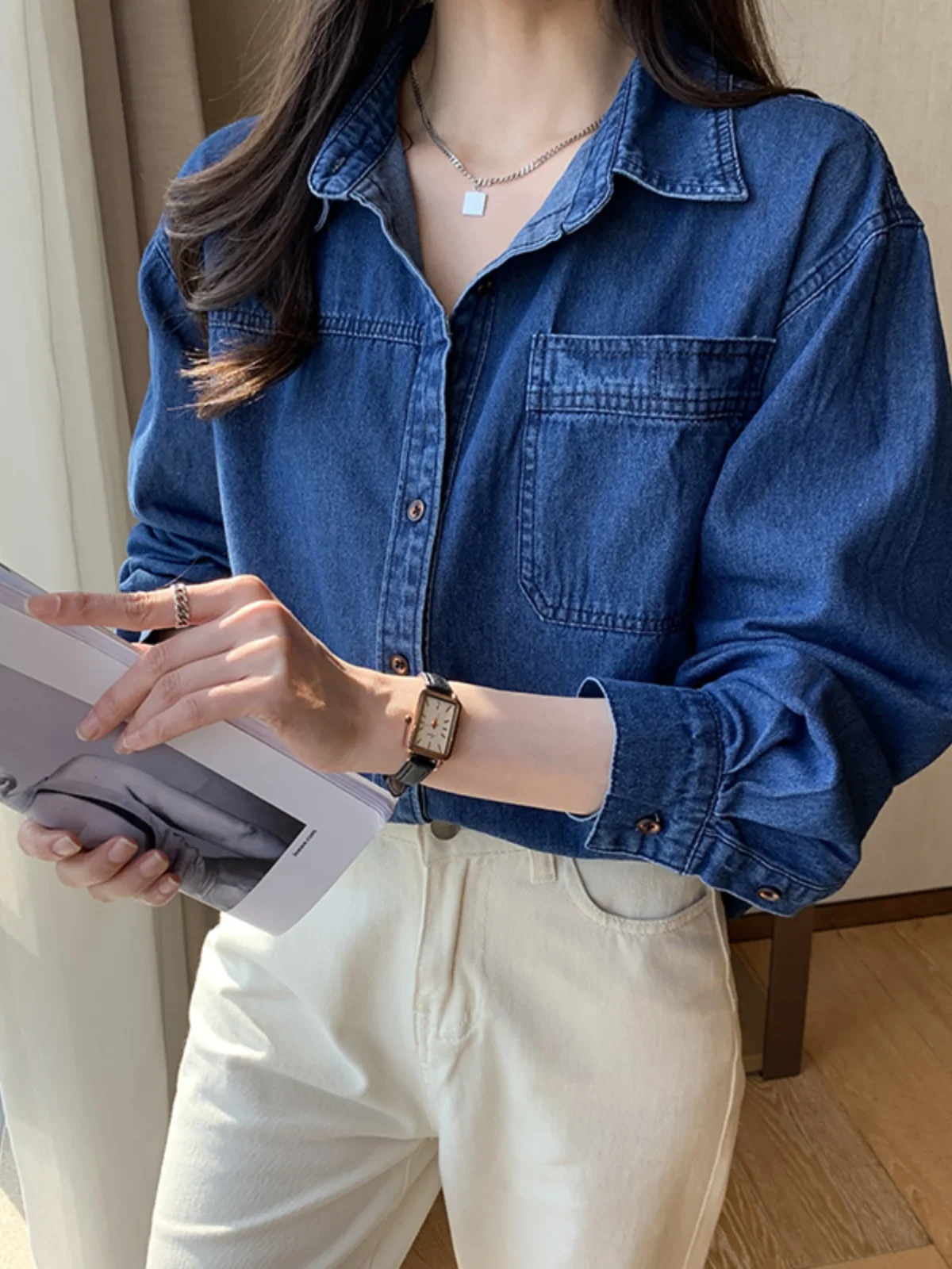Vestibilità ampia lunga Sve Blue Denim irt Donna Autunno Inverno Abbigliamento interno vintage Casual Oversize Jaet Commute Sle