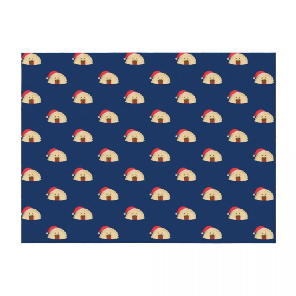 

Adorable cute Christmas pierogi dumplings in Santa hat holding a present on navy background Throw Blanket Picnic Blankets