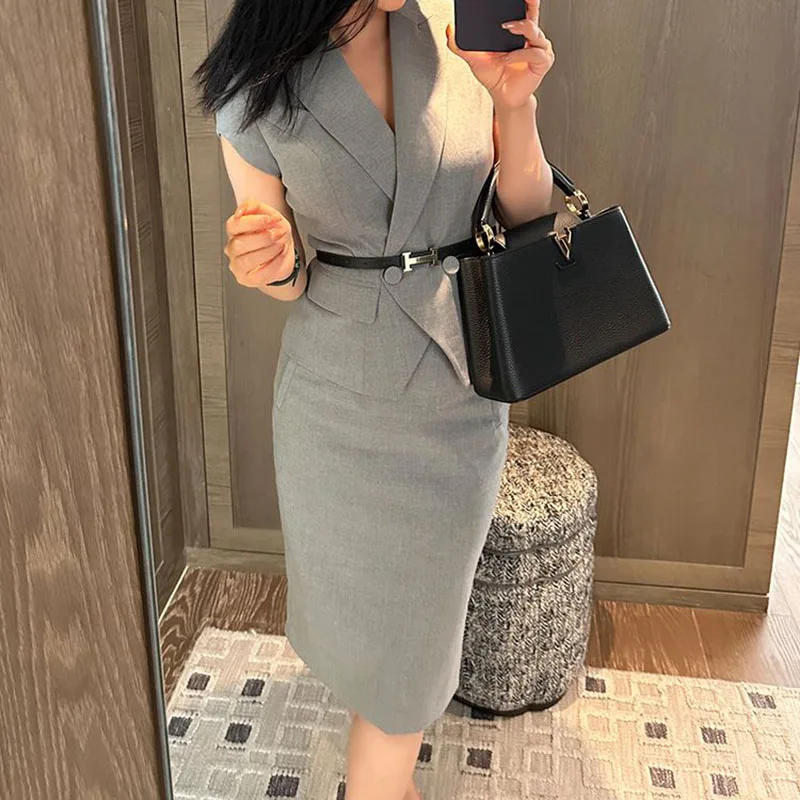 Suit skirt women\'s summer new professional dress slim fashion short sleeve suit slim skirt two-piece suit