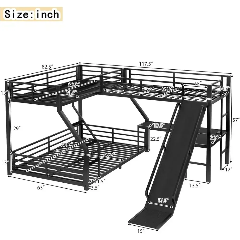 L-Shape Twin XL/Queen Bunk Bed with Desk and Slide, Triple Bunk for 3 Kids, Metal, Black view 2