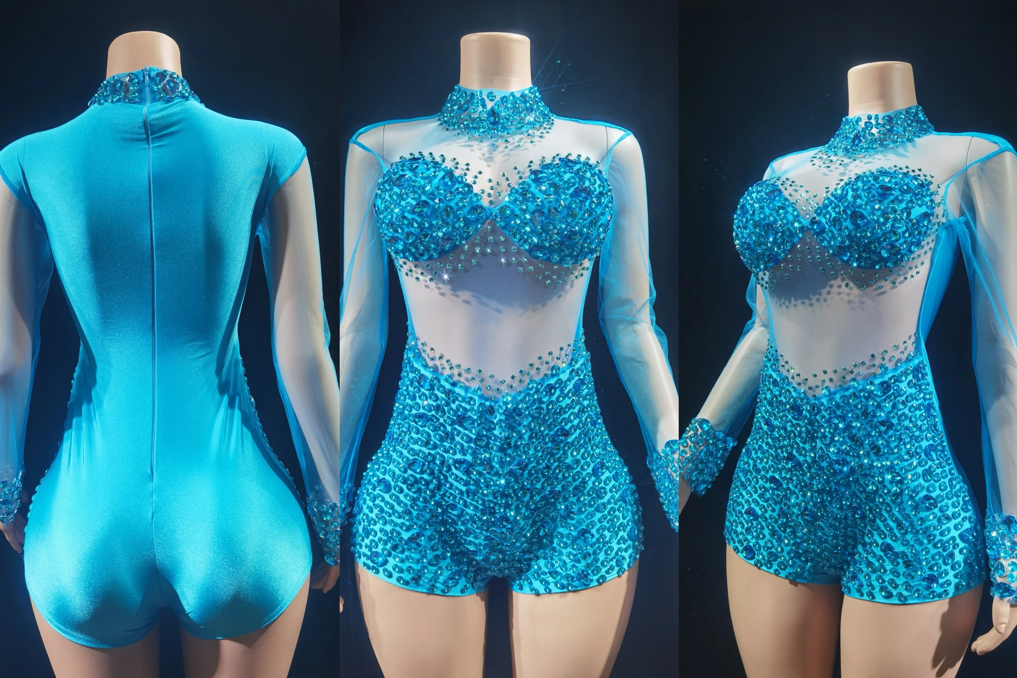 

Sparkly Crystals Leotard Sexy See ThroughCrystal Bodvsuit Dance Costume WomenNightclub Party Birthday Outfit Show StageWear