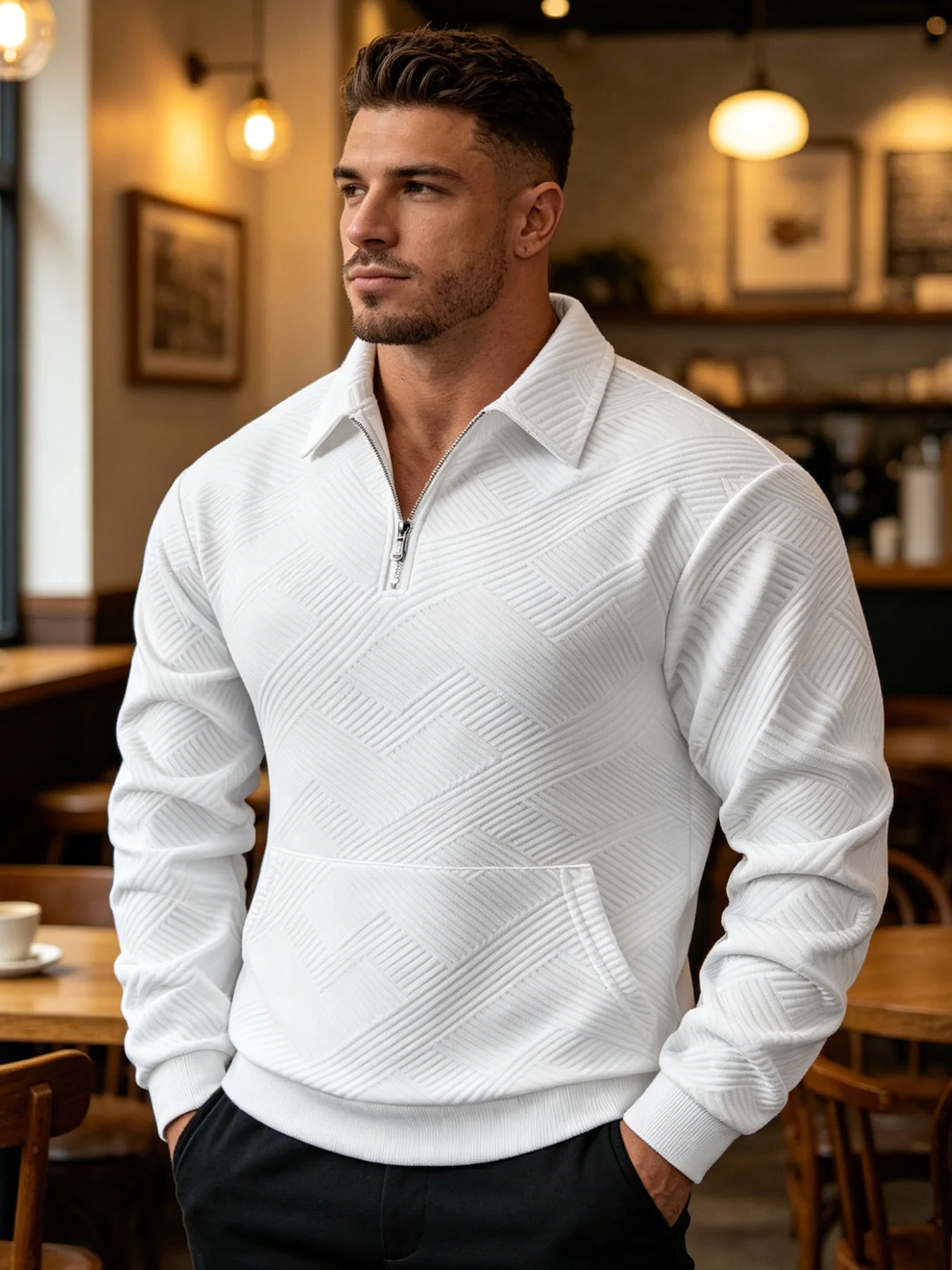 Herren Geometrischer Jacquard Viertelreißverschluss-Polo-Sweatshirt Langarm Gerippter Saum Kängurutasche Atmungsaktiver Strick-Freizeitpullover – Detail 9